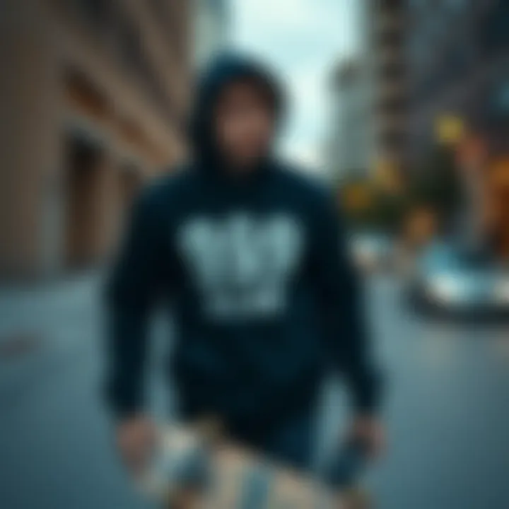 A skateboarder wearing the 999 Club hoodie in an urban setting