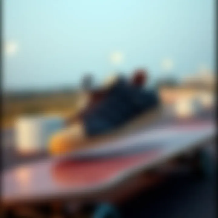 An Adidas Skateboarding Superstar ADV on a skateboard deck, illustrating its performance on the board.