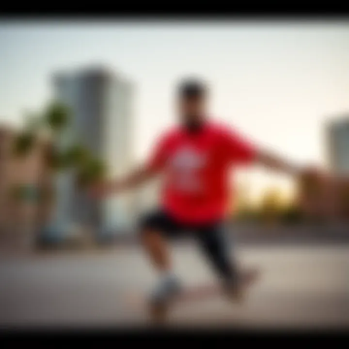 Skateboarder wearing an Adidas t-shirt in an urban setting