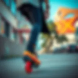 Youthful thrill-seeker showcasing Heelys on a vibrant urban backdrop