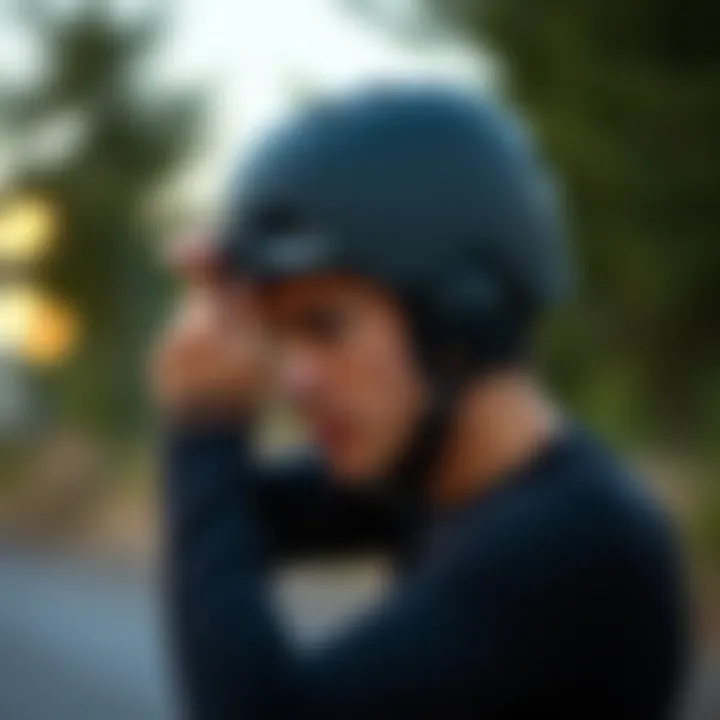 Demonstrating Proper Helmet Fit A rider demonstrating proper helmet fit and adjustment techniques