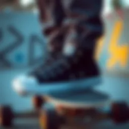 Stylish black low rise Converse shoes on a skateboard