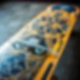 Detailed view of a blueprint skateboard showcasing its unique design patterns