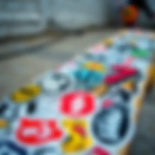 A collection of vibrant box logo stickers displayed on a skateboard, showcasing various designs and colors.