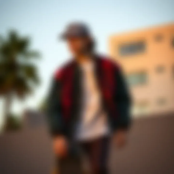 Skateboarder in Brixton Trucker Jacket Skateboarder wearing Brixton trucker jacket