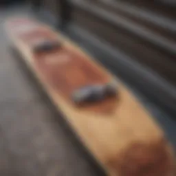 Close-up of skateboard deck showcasing different designs