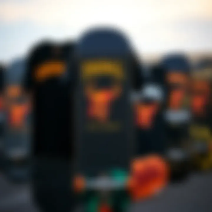 Creative Display of Fireball Tee Shirts A collection of Fireball tee shirts displayed creatively on skateboard decks