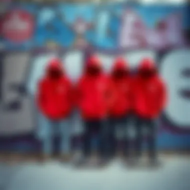 Stylish Red Hoodies Against Graffiti A collection of stylish red hoodies displayed against graffiti
