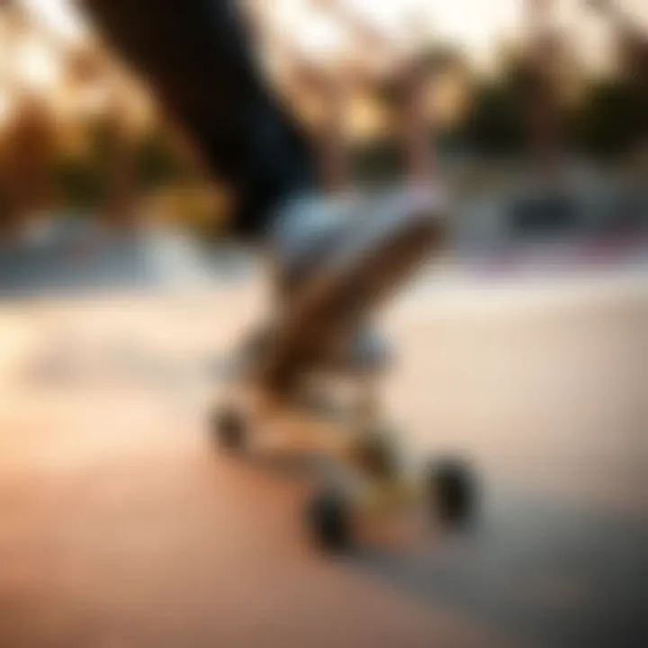 Vans Ultrarange Rapidweld in Action at the Skate Park Vans Ultrarange Rapidweld in grey on a skateboard at a skate park, highlighting performance.