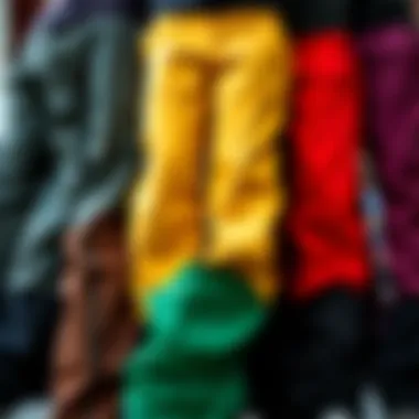 A variety of color options available for board pants displayed together