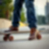 Stylish Skater Jeans on a Skateboard Stylish skater jeans displayed on a skateboard