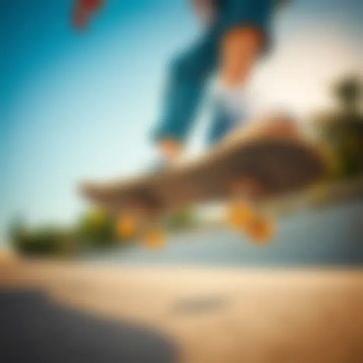 A skateboarder performing a trick while wearing Converse Blue Hi-Top sneakers.