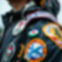 Close-up of unique patches on a skateboarder's jacket