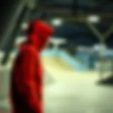 A vibrant red hoodie showcased in an urban skate park setting