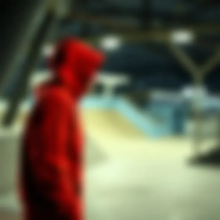 Vibrant Red Hoodie in Skate Park A vibrant red hoodie showcased in an urban skate park setting