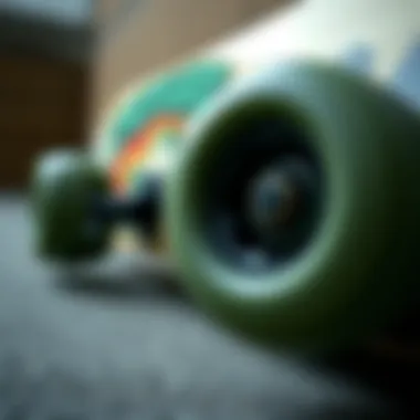 Close-Up of Creature Skateboard Features A close-up of Creature skateboard wheels and deck showcasing design details