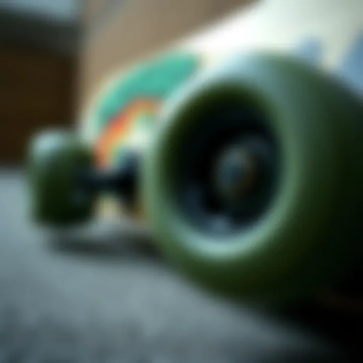Close-Up of Creature Skateboard Features A close-up of Creature skateboard wheels and deck showcasing design details