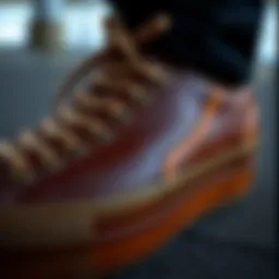 Detailed view of a custom leather platform shoe showcasing intricate stitching