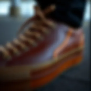 Detailed view of a custom leather platform shoe showcasing intricate stitching