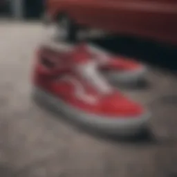 Close-up of dark red Vans showcasing unique design elements