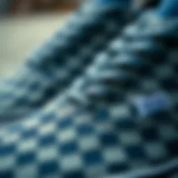 A close-up view of denim checkered Vans showcasing their unique pattern.