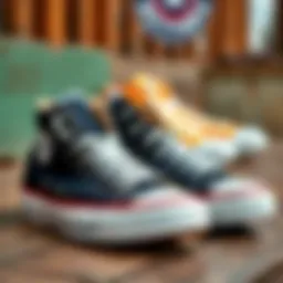 A close-up view of Chuck Taylor shoes on a wooden surface showcasing their unique design.