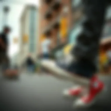 Chuck Taylors in Urban Culture An urban street scene with diverse individuals wearing Chuck Taylor shoes, highlighting their cultural significance.