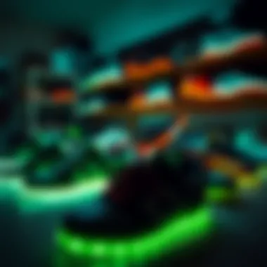 An organized display of glow-in-the-dark shoes in various styles