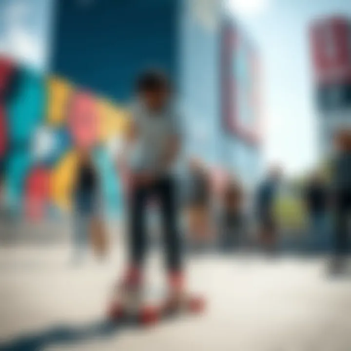 Embracing Skate Culture Group of diverse skateboarders enjoying tensor skateboards in a vibrant urban setting