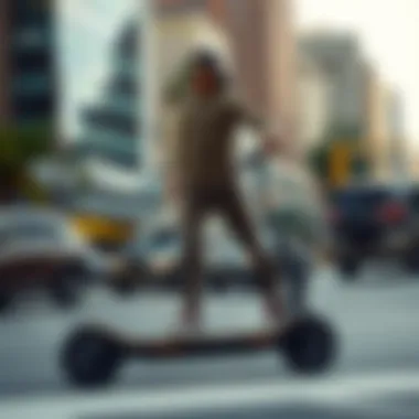 City Adventures: Maneuvering with the Handle Rider navigating through city streets on electric skateboard with handle