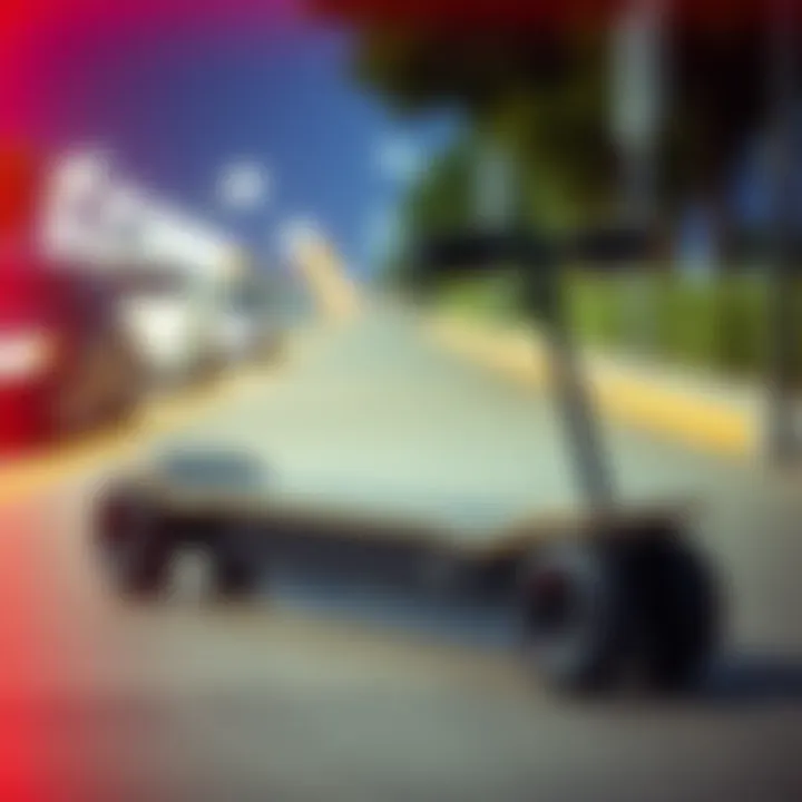 Convenient Transport: Electric Skateboard with Handle Electric skateboard parked conveniently with handle for easy transport