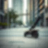 Electric skateboard with handle in urban setting
