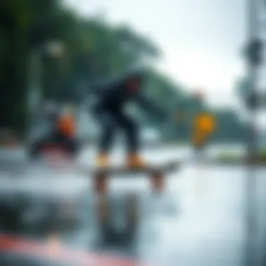 Skateboarder riding in wet conditions with waterproof gear