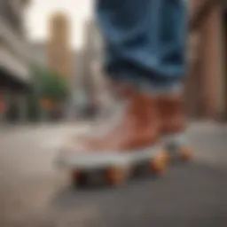 A stylish pair of skate shoes on a skateboard