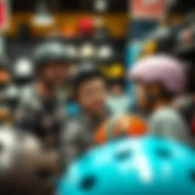 Family Exploring Helmet Options A family shopping for skateboard helmets, showcasing different options available in-store.