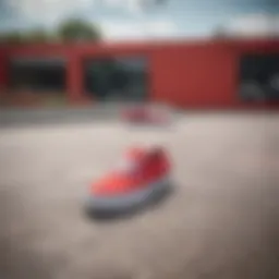 Striking all red Authentic Vans against a dynamic skatepark backdrop