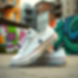 A pair of all-white Converse sneakers against a vibrant urban backdrop.
