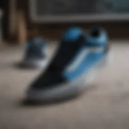 A detailed close-up view of the black and blue Vans Old Skool showcasing its unique design elements.