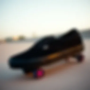 Black Vans in Action Artistic shot of black Vans on a skateboard