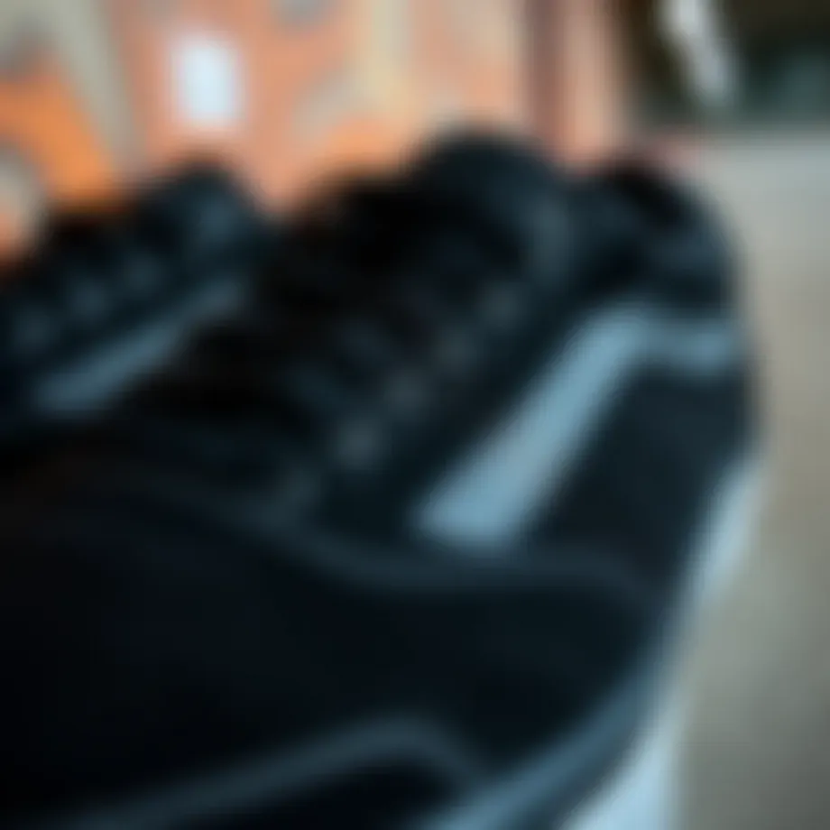 Close-up of black skate vans showcasing unique texture and design