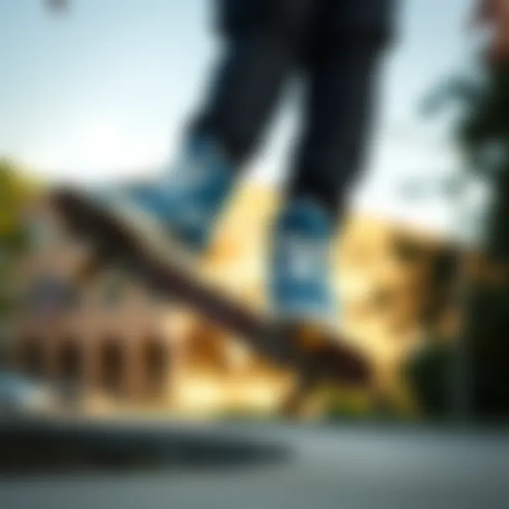 Skateboarder Performing Tricks in Blue Suede Vans Skateboarder performing tricks wearing blue suede Vans