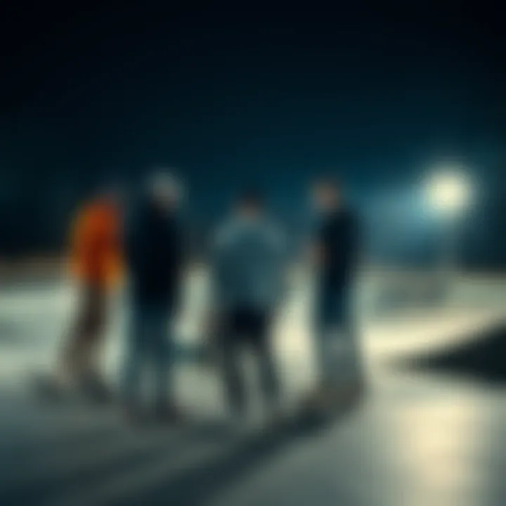 A group of skateboarders gathered in prayer at a skate park