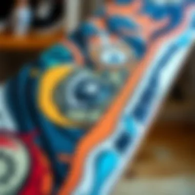 Intricate Graphic Designs on Skateboards Close-up of a skateboard deck displaying intricate graphics