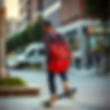 Skateboarder with Dickies Book Bag in Urban Setting Skateboarder using the Dickies Book Bag in a city environment