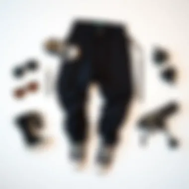 Flat lay of styled Dickies style pants with skate accessories