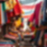 A vibrant textile market showcasing diverse fabrics and colors