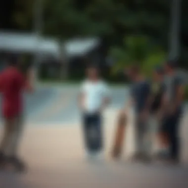Skate Community Engagement A group of enthusiastic skateboarders sharing tips and tricks at a local skate spot.