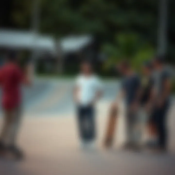 Skate Community Engagement A group of enthusiastic skateboarders sharing tips and tricks at a local skate spot.