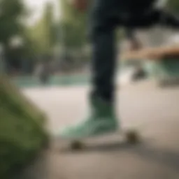 Stylish green hi top Vans showcased in a skate park