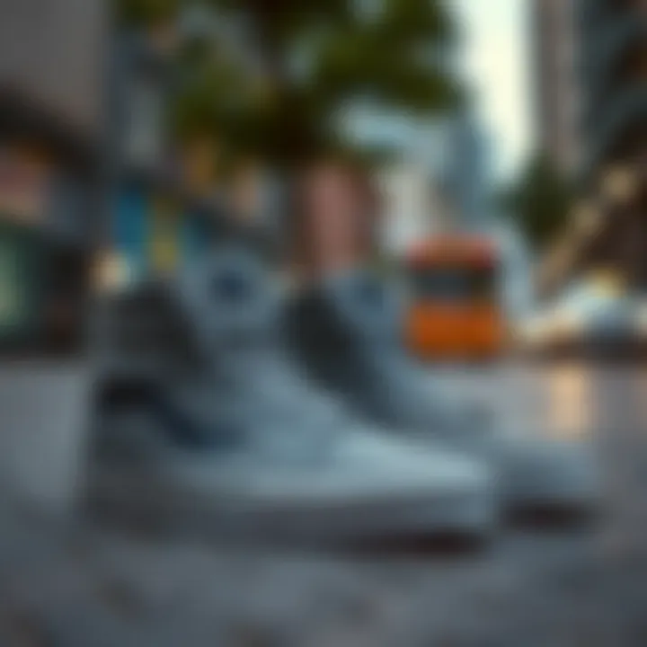 Urban Setting with Grey High Top Vans A pair of grey high top Vans placed in an urban skateboarding environment.